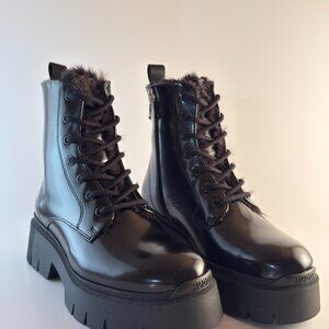HUGO Boss Kris LuBootie Women's Size 6 US Black Patent Lug Sole Combat Boots New